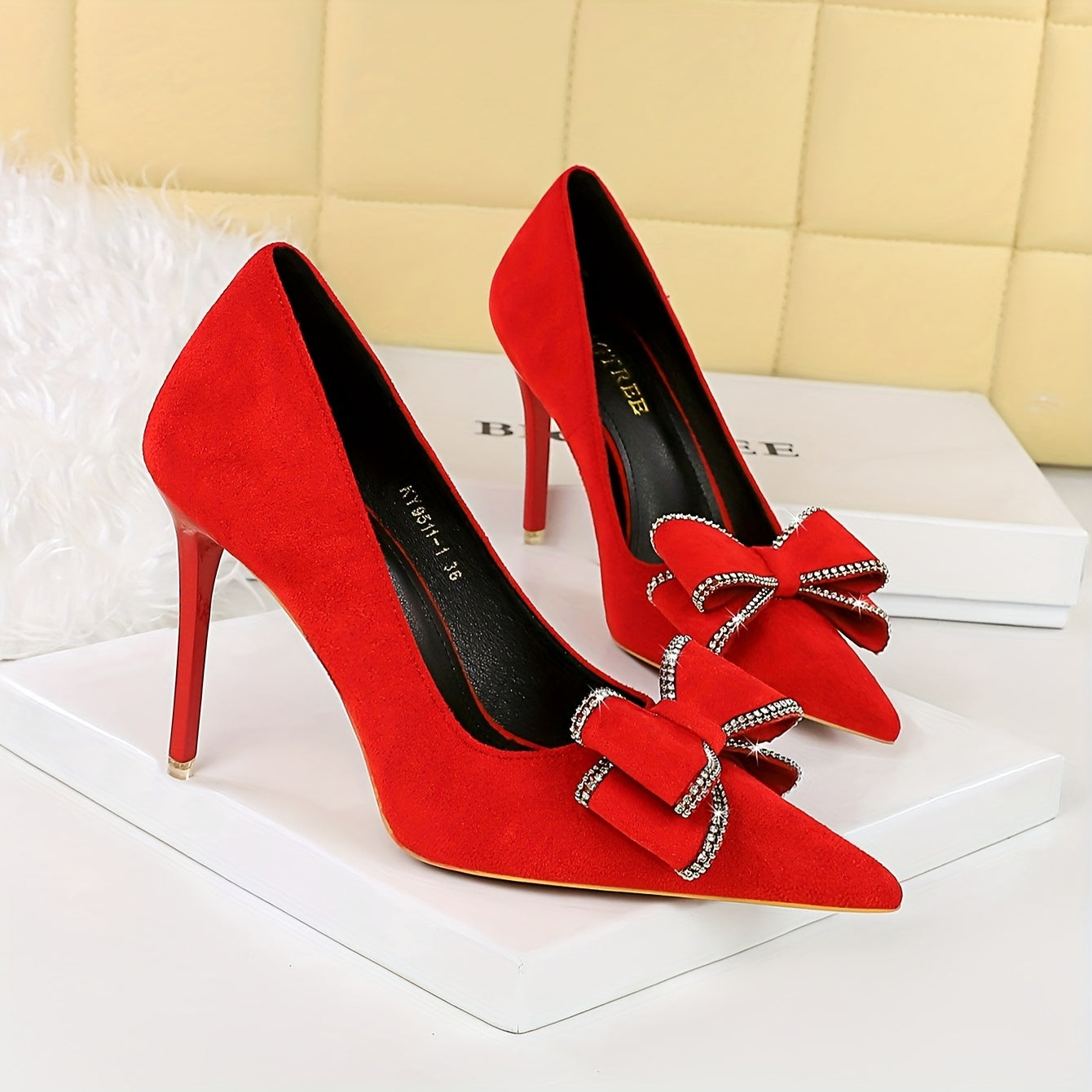 Elegant Rhinestone Bow Women's Pointed-Toe Stiletto Heels - Red Cover Party Shoes with Ultra-High Heel, PU Lined & Rubber Sole for Weddings, Galas & Formal Events, Platform Stiletto Heels, Wedding Guest Footwear, Sophisticate